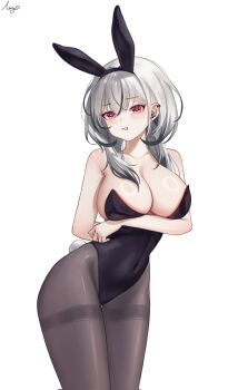 1girl animal_ear_hairband animal_ears arm_under_breasts armpit_crease black_leotard breasts commentary_request corrupted_twitter_file covered_navel fake_animal_ears fake_tail feet_out_of_frame grey_hair grey_hiphighs grimace hair_between_eyes hair_over_shoulder hairband highres hiphighs korean_commentary large_breasts leotard long_bangs long_hair multicolored_hair nyang_(nya_aaang) ohwayo parted_lips playboy_bunny project_[i] rabbit_ear_hairband rabbit_ears rabbit_tail red_eyes signature simple_background solo standing strapless strapless_leotard streaked_hair tail thighband_hiphighs variant_set virtual_youtuber white_background