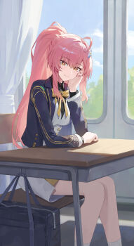Rule 34 | 1girl, absurdres, aemeath (wuthering waves), alternate costume, bag, blue sky, bow, bowtie, breasts, closed mouth, commentary, day, desk, dress, feet out of frame, hair ornament, hand up, highres, indoors, jacket, llami 0, long hair, long sleeves, looking at viewer, medium breasts, orange eyes, pink hair, ponytail, purple jacket, school bag, school desk, sitting, sky, smile, solo, star-shaped pupils, star (symbol), symbol-shaped pupils, white dress, window, wuthering waves, yellow bow, yellow bowtie
