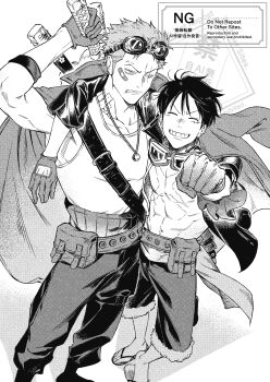 2boys abs absurdres alternate_costume arm_around_shoulder arm_up bandaid bandaid_on_cheek bandaid_on_face belt closed_eyes coat coat_on_shoulders commentary cross_scar evrinuk facial_scar facing_viewer feet_out_of_frame fur-trimmed_shorts fur_trim gloves goggles goggles_around_neck goggles_on_head greyscale grin haramaki highres holding holding_sword holding_weapon jewelry katana male_focus monkey_d._luffy monochrome multiple_boys necklace one_piece pants raised_fist roronoa_zoro sandals sash scar scar_across_eye scar_on_cheek scar_on_chest scar_on_face short_hair shorts smile standing sword sword_on_back symbol-only_commentary tank_top weapon weapon_on_back