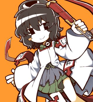 Rule 34 | 1other, androgynous, bare legs, black eyes, black hair, black hat, black kimono, blush stickers, closed mouth, cowboy shot, detached sleeves, eye of senri, eyes visible through hair, floating clothes, green hakama, hair between eyes, hakama, hakama short skirt, hakama skirt, halftone, happy, hashtag-only commentary, hat, hat ribbon, holding, holding rod, japanese clothes, jinbei (clothes), kariginu, kimono, kokum0tsu, layered sleeves, len'en, long sleeves, looking at viewer, messy hair, ofuda, ofuda on clothes, orange background, other focus, red ribbon, ribbon, rod, senri tsurubami, short hair, short kimono, simple background, single blush sticker, skirt, smile, solo, standing, tate eboshi, tsurime, white sleeves, wide sleeves