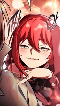 blush cloak green_eyes hand_on_another's_shoulder highres hood hooded_cloak light_blush looking_at_another lortelle_kecheln non-web_source own_hands_together red_hair smile staring the_extra's_academy_survival_guide