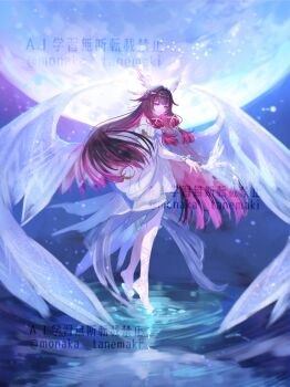 1girl bare_shoulders barefoot black_hair bow columbina_(genshin_impact) commentary dress from_behind genshin_impact hair_ornament highres long_hair looking_at_viewer looking_back moon multicolored_hair night oversized_wings purple_eyes purple_hair solo tanemaki_monaka tiptoes twitter_username very_long_hair watermark white_bow white_dress white_wings wing_hair_ornament wings