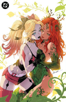 Rule 34 | arm around waist, asymmetrical legwear, batman (series), black lips, blue eyes, colored skin, colored tips, dc comics, godtail, green eyes, green leotard, harley quinn, highres, holding hands, leaf clothing, leaf leotard, leotard, multicolored hair, official art, plant, plant clothing, poison ivy, red hair, short shorts, shorts, split-color clothes, third-party source, twintails, vines, white skin, yuri