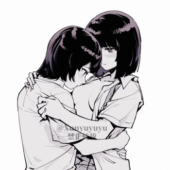 2girls amakura_mayu amakura_mio blush bob_cut breasts breasts_apart chinese_commentary closed_mouth collarbone collared_shirt commentary_request fatal_frame fatal_frame_ii:_crimson_butterfly greyscale hand_on_another's_back hand_on_another's_shoulder hands_up hug incest licking licking_nipple light_smile looking_at_another medium_breasts monochrome multiple_girls mutual_hug necktie nipple_stimulation no_bra official_alternate_costume one_eye_covered open_clothes open_shirt parted_lips profile school_uniform shirt short_hair short_sleeves siblings simple_background sisters skirt tongue tongue_out twincest twins twitter_username undone_necktie upper_body watermark white_background xunyu_(manyu) yuri