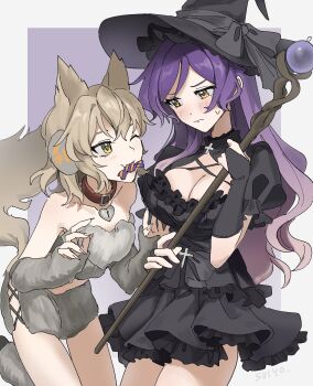2girls absurdres alternate_costume arm_warmers bare_shoulders black_gloves black_shirt black_skirt blonde_hair blush breasts cleavage collar cowboy_shot earmuffs eye_contact fang frills gloves gradient_hair halloween_costume hat highres hijiri_byakuren holding large_breasts leaning_forward long_hair looking_at_another microskirt multicolored_hair multiple_girls scepter shirt short_hair short_shorts shorts simple_background skirt strapless tail touhou toyosatomimi_no_miko uehara_suiyo witch_hat