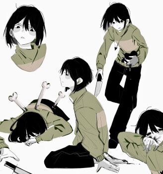 Rule 34 | 1other, ben-day dots, black blood, black eyes, black hair, black pants, blood, blood on face, blush stickers, bone, chara (undertale), closed mouth, commentary, diagonal-striped clothes, diagonal-striped shirt, downturned eyes, dropped object, genocide route (undertale), green shirt, hair between eyes, heart, heart locket, highres, holding, holding heart, holding knife, impaled, injury, jewelry, knife, leg up, locket, looking at viewer, looking to the side, looking up, lying, medium hair, multiple views, on stomach, open mouth, pants, parted lips, partially colored, pendant, plmqap, screentones, shirt, simple background, sitting, soul (utdr), standing, standing on one leg, striped clothes, striped shirt, two-tone shirt, undertale, utdr (toby fox), wariza, white background, wiping blood, yellow shirt