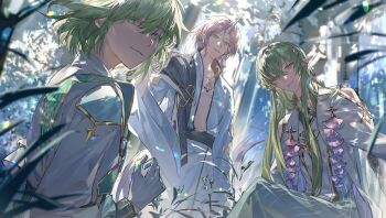 Rule 34 | 3boys, absurdres, aqua eyes, bare shoulders, black sash, blurry, bob cut, chinese commentary, cloak, closed mouth, clothing cutout, cowboy shot, day, depth of field, earrings, feet out of frame, forest, ginkgo leaf, gloves, gold trim, grass, green eyes, green hair, green robe, green sash, hair between eyes, hair ornament, highres, jacket, jewelry, leaf, leaf ornament, long hair, long sleeves, looking at viewer, male focus, medium hair, multiple boys, myricarily, nature, necklace, open clothes, open robe, outdoors, parted bangs, parted lips, pink hair, pinstripe pattern, pointy ears, red eyes, robe, sash, selien (welcome to dreamland), shafie (welcome to dreamland), shirt, short hair, shoulder cutout, shoulder sash, sitting, smile, standing, tail, teardrop earrings, tree, unicorn boy, unicorn horn, upper body, waist sash, welcome to dreamland, white cloak, white gloves, white jacket, white robe, white shirt, wolf cut