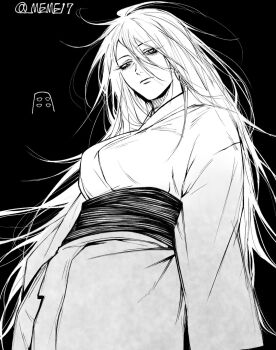 1girl bags_under_eyes black_background black_sash breasts commentary_request english_text four_eyes greyscale hair_over_shoulder highres japanese_clothes jujutsu_kaisen kimono large_breasts long_eyelashes long_hair long_sleeves meme17 messy_hair monochrome sash solo solo_focus tengen_(jujutsu_kaisen) twitter_username very_long_hair white_eyes white_hair white_kimono