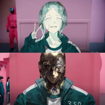 2others 404-chan_(22_0724) ^_^ absurdres aqua_hair before_and_after closed_eyes commentary dual_persona facing_viewer grin highres houseki_no_kuni meme multiple_others phosphophyllite short_hair smile split_screen spoilers squid_game symbol-only_commentary v year_1_&amp;_year_2_(squid_game)_(meme)