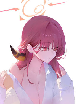 1boy 1girl absurdres aru_(blue_archive) blue_archive breasts collarbone demon_horns dokshuri dress_shirt halo hetero highres horns large_breasts looking_ahead pink_hair pov pov_hands red_eyes shirt simple_background single_bare_shoulder solo upper_body white_background white_shirt