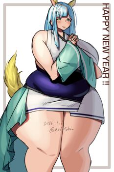 1girl animal_ears aqua_hair aqua_skirt aqua_sleeves ari_tuka blue_hair blunt_bangs blush dated detached_sleeves english_text himi_cut horse_ears interlocked_fingers japanese_clothes kimono lips long_hiar new_year original plump sidelocks skirt sleeveless sleeveless_kimono solo standing tail thick_eyelashes thick_thighs thighs twitter_username white_background white_kimono wide_hips wide_sleeves yellow_eyes