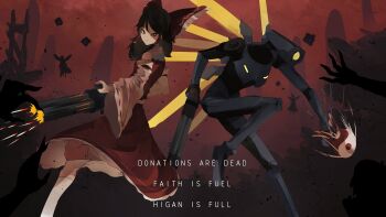 1girl 4others black_hair bow bright_pupils brown_hair bullet commission detached_sleeves dress english_text fairy firing frilled_bow frilled_hair_tubes frilled_skirt frills full_body furrowed_brow gun hair_bow hair_tubes hakama hakama_skirt hakurei_reimu hell highres holding holding_gun holding_weapon humanoid_robot japanese_clothes joints kneehighs looking_at_viewer looking_to_the_side machine_gun mechanical_wings medium_hair miko multiple_others naufaldreamer open_mouth orb punching red_bow red_dress red_eyes red_hakama red_shirt red_skirt red_theme red_vest ribbon-trimmed_sleeves ribbon_trim robot robot_joints sarashi shaded_face shirt sidelocks skirt skirt_set sleeveless sleeveless_dress sleeveless_shirt socks teeth touhou ultrakill v1_(ultrakill) vest weapon white_pupils white_socks wide_sleeves wings yin_yang yin_yang_orb