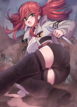 1girl ass black_leg_warmers black_shorts breasts brown_jacket choker cleavage commentary commentary_request english_commentary gachiakuta green_eyes highres holding holding_scissors jacket kazukoto leg_warmers long_sleeves looking_at_viewer medium_breasts open_mouth red_hair reverse_grip riyo_reaper scissors short_shorts shorts solo