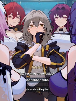 5girls alt_text black_gloves black_jacket blush breasts commentary dialogue_box dialogue_options distr dress english_commentary english_text evernight_(honkai:_star_rail) eyewear_on_head gloves grey_hair highres himeko_(honkai:_star_rail) honkai:_star_rail honkai_(series) indoors jacket kafka_(honkai:_star_rail) large_breasts long_hair march_7th_(honkai:_star_rail) medium_hair multiple_girls pink_hair purple_dress purple_eyes purple_veil red_hair shirt smile stelle_(honkai:_star_rail) surrounded trailblazer_(honkai:_star_rail) veil white_dress white_shirt yellow_eyes