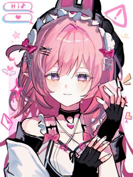 ! 1girl alternate_costume bare_shoulders black_gloves bow commentary_request cyrene_(honkai:_star_rail) english_text fingerless_gloves gloves hair_bow hand_up highres honkai:_star_rail honkai_(series) ko_(assd_009) korean_commentary looking_at_viewer musical_note parted_lips pink_bow pink_hair purple_eyes revision simple_background smile spoken_musical_note upper_body white_background