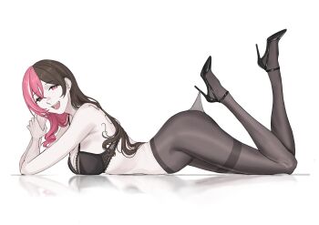 1girl bare_shoulders black_bra black_pantyhose bra breasts brown_eyes brown_hair full_body heterochromia high_heels highres lace lace_pantyhose lace_pantyhose_hooked_on_heel_(meme) legs long_hair looking_at_viewer lying medium_breasts meme multicolored_hair neopolitan_(rwby) on_stomach open_mouth pantyhose pantyhose_tug pink_eyes pink_hair rwby seilindekos sideboob simple_background smile solo split-color_hair streaked_hair teeth the_pose thighs two-tone_hair underwear upper_teeth_only white_background