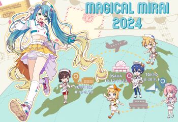 2boys 4girls absurdres aqua_eyes aqua_hair beret blonde_hair blue_eyes blue_hair brother_and_sister brown_eyes commentary cropped_jacket deformed flag gradient_hair hair_between_eyes hair_bun hat hatsune_miku highres holding holding_flag holding_map holding_microphone index_finger_raised jacket kagamine_len kagamine_rin kaito_(vocaloid) long_hair looking_at_viewer magical_mirai_(vocaloid) magical_mirai_kaito magical_mirai_kaito_(2024) magical_mirai_len magical_mirai_len_(2024) magical_mirai_luka magical_mirai_luka_(2024) magical_mirai_meiko magical_mirai_meiko_(2024) magical_mirai_miku magical_mirai_miku_(2024) magical_mirai_rin magical_mirai_rin_(2024) map map_(object) megurine_luka meiko_(vocaloid) microphone midriff multicolored_hair multiple_boys multiple_girls nagiuo open_mouth pink_hair pleated_skirt pointing shoes short_hair short_sleeves shorts shorts_under_skirt siblings skirt smile twintails very_long_hair vocaloid white_hat white_jacket white_shoes white_shorts white_skirt yellow_skirt