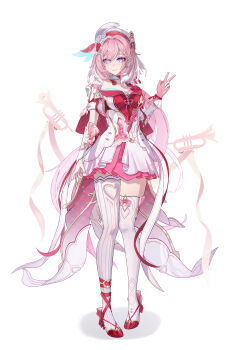 1girl absurdres asymmetrical_legwear braid braided_bangs breasts closed_mouth commentary_request diamond-shaped_pupils diamond_(shape) dress earrings elysia_(hi_love_elf)_(honkai_impact) elysia_(honkai_impact) full_body gloves hair_ornament hat heart heart_earrings heart_hair_ornament high_heels highres honkai_(series) honkai_impact_3rd jewelry kabuto_tong large_breasts long_hair pink_gloves pink_hair pointy_ears purple_eyes red_dress red_shoes shoes simple_background single_bare_shoulder single_glove smile solo symbol-shaped_pupils thighhighs thighs uneven_legwear v white_background white_dress white_hat white_thighhighs