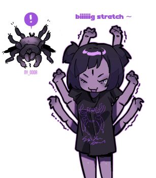 Rule 34 | !, 1girl, arms up, arthropod girl, breasts, bug, chibi, closed eyes, colored skin, deltarune, extra arms, extra eyes, insect girl, monster girl, muffet, ny 000a, oversized clothes, oversized shirt, purple skin, shirt, simple background, spider, spider girl, stretching, undertale, utdr (toby fox), yawning