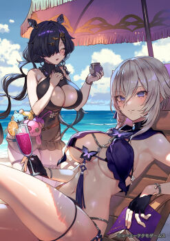 2girls antje_moltke atelier_(series) atelier_resleriana beach beach_umbrella bikini black_gloves black_hair black_one-piece_swimsuit blue_sky bracelet breasts chair cleavage cleavage_cutout clothing_cutout commentary_request copyright_notice criselda_(atelier) day drink fingerless_gloves gloves grey_hair hair_over_one_eye highres holding holding_drink jewelry large_breasts long_hair lounge_chair marine_day mole mole_under_eye multiple_girls navel on_chair one-piece_swimsuit open_mouth outdoors parted_lips purple_bikini purple_eyes second-party_source short_hair sitting sky swimsuit thigh_strap umbrella umiu_geso yellow_eyes