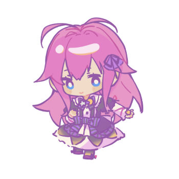 1girl absurdres antenna_hair black_bow black_bowtie black_dress black_pantyhose blue_eyes bow bowtie bright_pupils buttons chibi chibi_only chinese_commentary closed_mouth commentary double-parted_bangs dress dress_bow footwear_bow frilled_shirt_collar frills full_body hair_between_eyes hair_bow hair_flaps highres layered_sleeves long_hair long_sleeves looking_at_viewer no_nose pantyhose pink_hair pink_shoes puffy_short_sleeves puffy_sleeves purple_bow purple_bowtie qixinnn shoes short_over_long_sleeves short_sleeves sidelocks simple_background smile solo standing striped_bow striped_bowtie striped_clothes two-tone_bow two-tone_bowtie utau very_long_hair white_background white_pupils yamine_renri