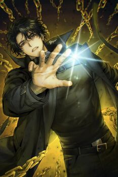 1boy absurdres artist_name belt black_belt black_coat black_hair black_shirt chain coat commentary_request covered_abs covered_pectorals cowboy_shot grey_eyes gyo_(gyoza143gyoza) highres male_focus omniscient_reader&#039;s_viewpoint palms pectorals shirt shirt_tucked_in short_hair solo teeth yoo_joonghyuk