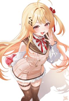 Rule 34 | 1girl, ahoge, blonde hair, commentary request, dress, fortissimo, frilled dress, frills, gift, hair ornament, hair ribbon, heart, highres, holding, holding gift, hololive, hololive dev is, long hair, musical note, musical note hair ornament, open mouth, otonose kanade, otonose kanade (1st costume), red eyes, red ribbon, ribbon, side ponytail, simple background, smug, striped clothes, striped dress, thigh strap, thighhighs, uekana9, virtual youtuber, white background