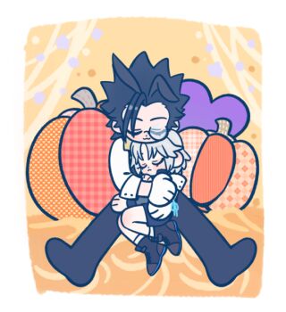 105zz :3 alternate_costume animal_ears black_hair black_pants black_shoes black_shorts chibi chibi_only closed_eyes final_fantasy final_fantasy_vii final_fantasy_vii:_ever_crisis full_body gloves grey_hair hair_slicked_back hug kemonomimi_mode medium_hair monocle official_alternate_costume pants parted_bangs pumpkin rabbit_boy rabbit_ears sephiroth sephiroth_(ever_crisis) shirt shoes short_hair shorts sitting sleeping sleeves_rolled_up socks white_gloves white_shirt white_socks zack_fair zack_fair_(bunny_butler)