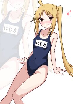 1girl absurdres ahoge blonde_hair blue_one-piece_swimsuit blush bocchi_the_rock! commentary_request embarrassed feet_out_of_frame highleg highleg_one-piece_swimsuit highres ijichi_nijika invisible_chair long_hair motti_(motthi0711) name_tag new_school_swimsuit nose_blush one-piece_swimsuit red_eyes school_swimsuit side_ponytail simple_background sitting solo swimsuit white_background zoom_layer
