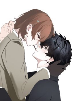 2boys akechi_gorou amamiya_ren black_eyes black_hair black_jacket boy_on_top brown_gloves brown_hair brown_jacket commentary_request food food_in_mouth gloves half-closed_eyes hand_on_another&#039;s_head hashtag-only_commentary highres imminent_pocky_kiss jacket long_sleeves looking_at_another male_focus multiple_boys noto102 persona persona_5 pocky pocky_in_mouth red_eyes short_hair simple_background white_background yaoi