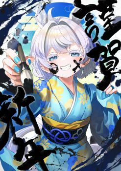 1girl animal_ears black_sash blue_eyes blue_kimono blue_nails body_writing calligraphy_brush commentary_request facepaint floral_print floral_print_kimono grey_hair highres holding holding_brush holding_calligraphy_brush holding_paintbrush horse_ears indie_virtual_youtuber ink japanese_clothes kimono looking_at_viewer mizuiro_(vtuber) obi obiage obijime paintbrush print_kimono sash second-party_source short_hair smile solo supa_9_rou teeth virtual_youtuber
