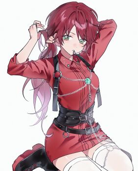 Rule 34 | 1girl, absurdres, alternate costume, arms up, belt, black belt, black boots, boots, genderswap, genderswap (mtf), green eyes, hair between eyes, hair tie, hair tie in mouth, highres, lauren iroas, long hair, looking at viewer, mouth hold, nijisanji, parted lips, ponytail, red shirt, shirt, simple background, sitting, solo, thighhighs, toya07144, tying hair, virtual youtuber, wariza, white background, white thighhighs
