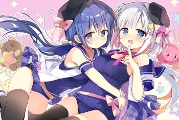 2girls bare_shoulders black_thighhighs blue_eyes blue_hair blue_one-piece_swimsuit blush bow breasts cleavage closed_mouth covered_navel hair_ornament hat long_hair looking_at_viewer medium_breasts multiple_girls nagayama_yuunon one-piece_swimsuit open_mouth original ribbon school_swimsuit shirt smile stuffed_animal stuffed_toy swimsuit thighhighs white_hair white_shirt