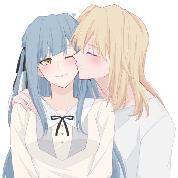 2girls amakuma bang_dream! bang_dream!_it's_mygo!!!!! blonde_hair blue_hair closed_mouth commentary hand_on_another's_shoulder highres kiss kissing_cheek long_hair medium_hair misumi_uika multiple_girls one_eye_closed parted_lips shirt simple_background smile togawa_sakiko upper_body white_background white_shirt yellow_eyes yuri