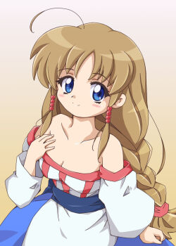 1girl arc_the_lad arc_the_lad_ii bare_shoulders blue_eyes braid breasts brown_hair cleavage closed_mouth collarbone commentary_request dress lieza_(arc_the_lad) long_hair looking_at_viewer low-tied_long_hair retro_artstyle single_braid smile solo very_long_hair zipang_(zip@ng_works)