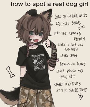 1girl animal_ears arm_warmers black_shirt bone braid brown_hair brown_pants camouflage camouflage_pants choker collarbone commentary dog_ears dog_girl dog_tail english_commentary english_text fang green_eyes grey_background highres mliko444 original pants print_shirt shirt short_sleeves side_braid single_braid single_floppy_ear solo striped_arm_warmers t-shirt tail