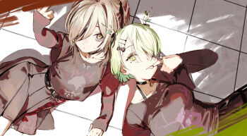 Rule 34 | 2girls, :p, antlers, asymmetrical bangs, belt, black belt, black choker, black hair, black ribbon, black shirt, black skirt, brown eyes, brown hair, ceres fauna, ceres fauna (goth), choker, emo fashion, flower, goth fashion, green hair, hair flower, hair ornament, hair over one eye, hair ribbon, heart, heart choker, highres, hololive, hololive english, horns, jewelry, layered sleeves, long bangs, long hair, long sleeves, looking at viewer, lying, miniskirt, multicolored hair, multiple girls, nanashi mumei, nanashi mumei (emo), necklace, nightmare (nanashi mumei), o-ring, o-ring choker, official alternate costume, official alternate hairstyle, on back, pako (pakosun), pendant choker, pleated skirt, print shirt, red sweater, ribbon, shirt, short hair, short over long sleeves, short sleeves, skirt, streaked hair, striped clothes, striped sweater, sweater, sweater under shirt, t-shirt, tongue, tongue out, virtual youtuber, white hair, yellow eyes