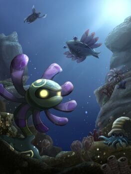 air_bubble animal_focus anorith bo_(bouillustration) bubble claws commentary_request coral cradily gen_1_pokemon gen_3_pokemon gen_5_pokemon glowing glowing_eyes highres lileep nintendo no_humans omanyte pokemon pokemon_(creature) pokemon_focus sunlight tentacles tirtouga underwater yellow_eyes