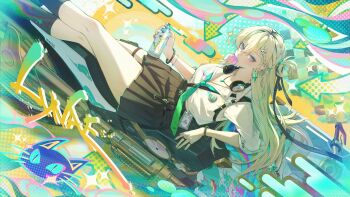 1girl absurdres aqua_necktie black_skirt black_socks blonde_hair blowing_bubble_gum blue_eyes braid braided_bangs breasts character_name chewing_gum chinese_commentary colorful_background commentary_request graffiti hair_between_eyes hair_ornament headphones headphones_around_neck highres holding holding_spray_can id_card long_hair looking_at_viewer looking_to_the_side lynae_(wuthering_waves) medium_breasts motor_vehicle motorcycle necktie sagi_(sagi_0116) shirt skirt skull_hair_ornament socks solo spray_can white_shirt wuthering_waves