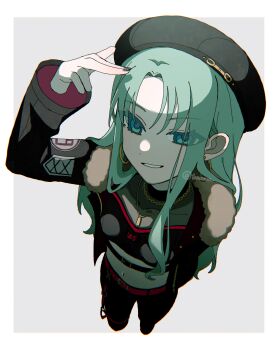 1girl arm_behind_back belt beret black_hat black_nails black_pants black_shirt border breasts chain commentary covered_collarbone crop_top cropped_shirt curtained_hair finger_gun finger_gun_to_head from_above fur-trimmed_jacket fur_trim gold_chain gold_necklace green_eyes green_hair grey_background grin hat hatsune_miku highres jacket jewelry long_hair long_sleeves looking_at_viewer midriff nail_polish navel necklace official_alternate_costume official_alternate_hairstyle open_clothes open_jacket outside_border over_rad_squad!!_(project_sekai) pants parted_bangs parted_lips pink_belt project_sekai see-through_clothes shirt simple_background small_breasts smile solo standing straight_hair teacrown twitter_username vivid_bad_squad_miku vocaloid white_border