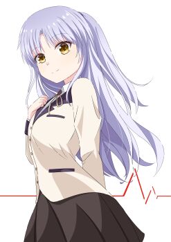 Rule 34 | 1girl, absurdres, angel beats!, arm behind back, black skirt, buttons, clenched hand, closed mouth, commentary, cowboy shot, eyelashes, eyes visible through hair, from side, grey hair, hand up, highres, jacket, kyamiuu, long hair, long sleeves, looking at viewer, neck ribbon, pleated skirt, ponytail, ribbon, school uniform, shirt, sidelocks, simple background, skirt, smile, solo, split mouth, tachibana kanade, tareme, very long hair, white background, white shirt, yellow eyes, yellow jacket, yellow ribbon