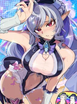 1boy 2girls arm_up armpits beach belle_(zenless_zone_zero) blush bow butterfly_tattoo clothing_cutout cowboy_shot detached_sleeves frilled_one-piece_swimsuit frills hair_bow heart_cutout highres long_hair multicolored_hair multiple_girls navel official_alternate_costume one-piece_swimsuit pointy_ears polka_dot polka_dot_background purple_bow purple_hair red_eyes streaked_hair sweat swimsuit tattoo tomu101010 two-tone_hair two-tone_one-piece_swimsuit vivian_banshee vivian_banshee_(iris_of_the_shore) wise_(zenless_zone_zero) zenless_zone_zero