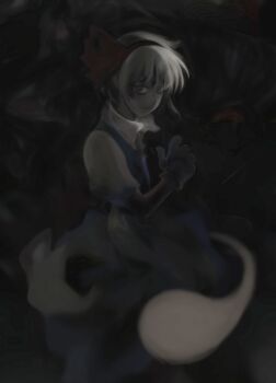 Rule 34 | 1girl, absurdres, black background, blue skirt, blue vest, closed mouth, collared shirt, dark, feet out of frame, futon (kitsune tsuki), gloves, hair ribbon, hairband, hand up, highres, konpaku youmu, konpaku youmu (ghost), looking at viewer, muted color, red ribbon, ribbon, shirt, short hair, short sleeves, skirt, smile, touhou, vest, white hair, white shirt