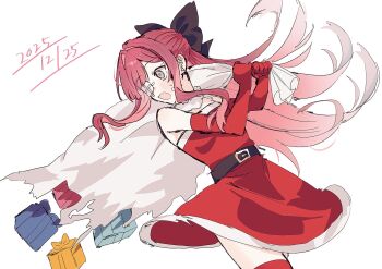 1girl alternate_costume bare_shoulders belt belt_buckle black_belt black_bow bow box buckle christmas dated dress elbow_gloves fur-trimmed_gloves fur_trim gauze gauze_over_eye gift gift_box gloves grey_eyes hair_bow hair_intakes highres holding holding_sack limbus_company long_hair looking_back pink_hair project_moon red_dress red_gloves red_thighhighs sack santa_costume santa_dress simple_background solo strapless strapless_dress surprised sweat thighhighs torn_sack white_background wide-eyed xxed_h yuri_(project_moon)