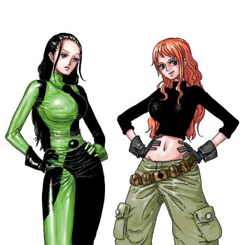 2girls belt black_hair bodysuit breasts closed_mouth commentary contrapposto cosplay cowboy_shot eiichiroyoda expressionless female_focus gloves groin head_tilt highres kim_possible kim_possible_(cosplay) large_breasts legs_apart legs_together long_hair looking_ahead looking_at_viewer midriff multiple_girls nami_(one_piece) navel nico_robin official_style one_piece orange_hair shego shego_(cosplay) simple_background skin_tight three-quarter_sleeves smile standing symbol-only_commentary white_background