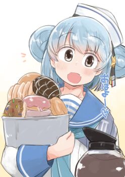 1girl :o blue_hair blush brown_eyes coffee coffee_pot double_bun donut enjaku_izuku fang food gradient_background hair_bun hat highres kantai_collection looking_at_viewer open_mouth pot sailor_collar sailor_hat sailor_shirt samuel_b._roberts_(kancolle) shirt solo upper_body