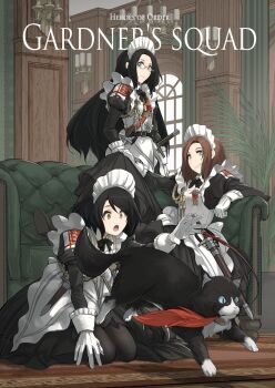 Rule 34 | 3girls, alicia cole, apron, asterisk kome, black hair, blue eyes, brown hair, cat, copyright name, english text, feathers, frances royce, frills, gina wallace, glasses, gloves, heroes of order, holding, holding feather, long hair, maid, maid apron, maid headdress, medal, multiple girls, official art, sheath, smile, sword, tactical maid, unconventional maid, victoria cross, weapon