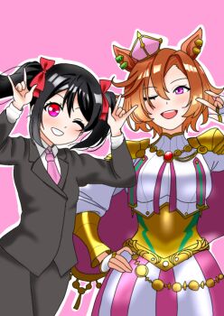 animal_ears black_hair black_suit crown formal_clothes hair_ribbon haiwo horse_earrings horse_ears jewelry love_live! mini_crown necktie nico_nico_nii open_mouth pink_background pink_eyes red_ribbon ribbon suit t.m._opera_o_(umamusume) tokui_sora umamusume voice_actor_connection yazawa_nico