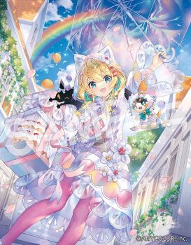 1girl 909_(kagetsu99) :3 animal_hood aqua_eyes aqua_hair blonde_hair blue_sky braid cake cat_hood cloud colored_inner_hair commentary_request company_name copyright_notice cream food hood hood_up low_twin_braids lucie_(millie_parfait) millie_parfait millie_parfait_(5th_costume) multicolored_hair nijisanji nijisanji_en official_alternate_costume official_alternate_hairstyle official_art open_mouth pantyhose petals pink_pantyhose rainbow sample_watermark sky solo sparkle streaked_hair twin_braids virtual_youtuber watermark