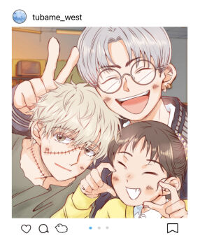 1girl 2boys :d closed_eyes commentary_request green_shirt hands_up highres indoors iwakura_mitsumi kanechika_harumi makeup multiple_boys open_mouth shima_sousuke shirt short_hair siogayu_oishii skip_to_loafer smile stitches sweater v yellow_sweater